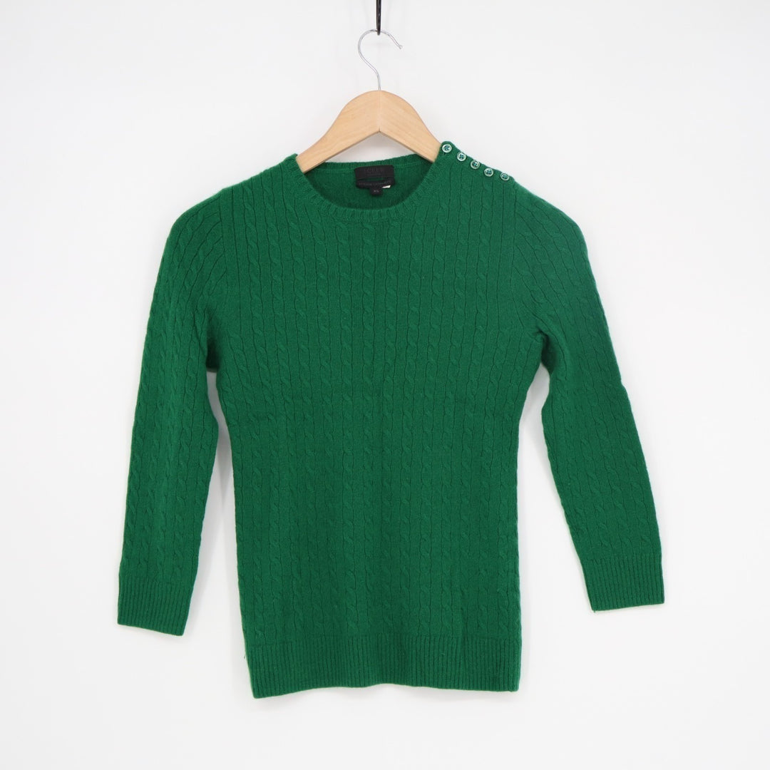 J. Crew Sweater Womens XS Green Cable Knit Cashmere Buttons Shoulder Detail