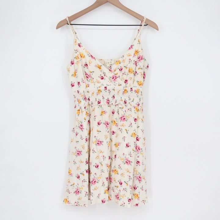ROWA Floral Print Mini Dress Cream Pink Yellow Spaghetti Strap V Neck L