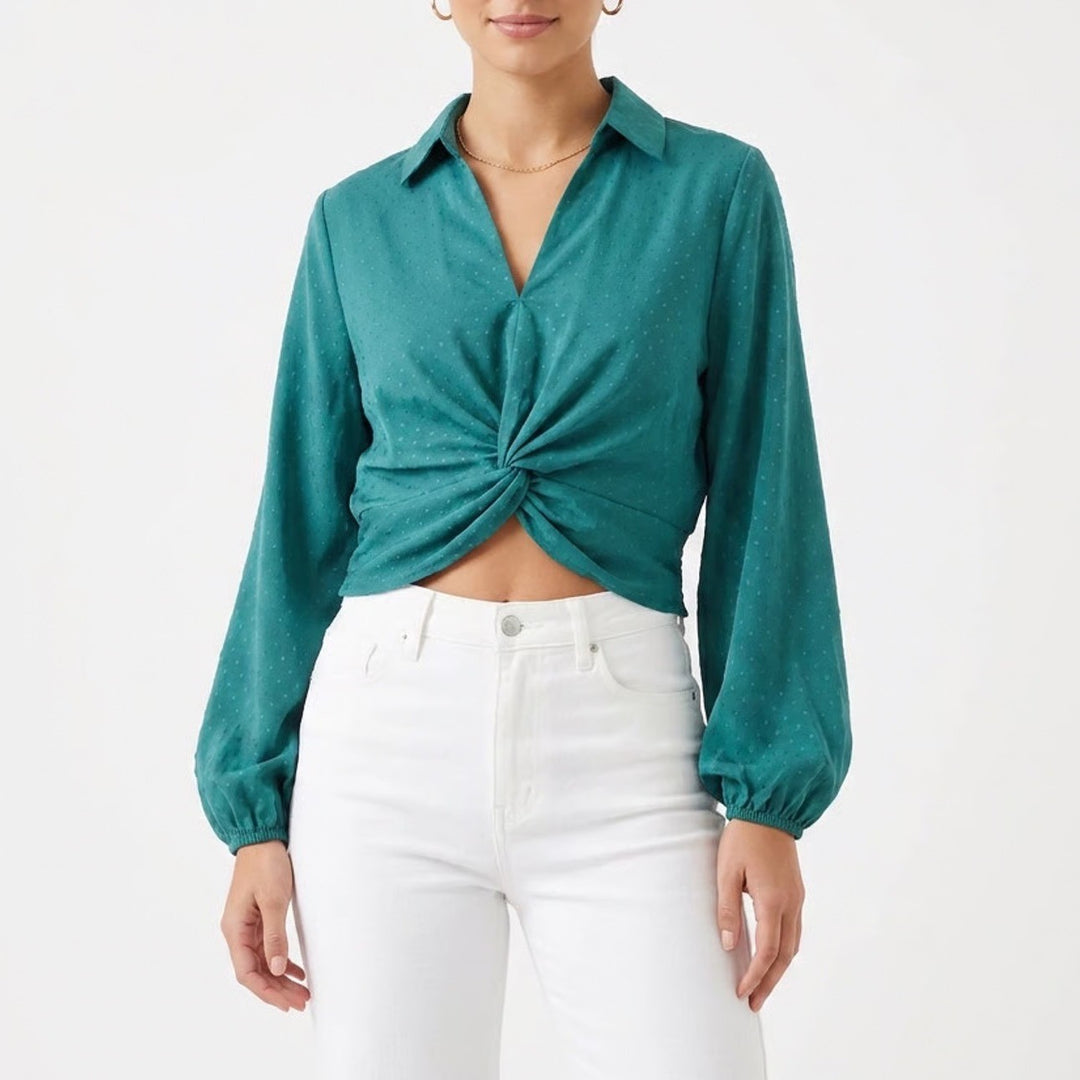 Pleione Teal Twist Front Polka Dot Smocked Blouse GMG512170 Mens Medium