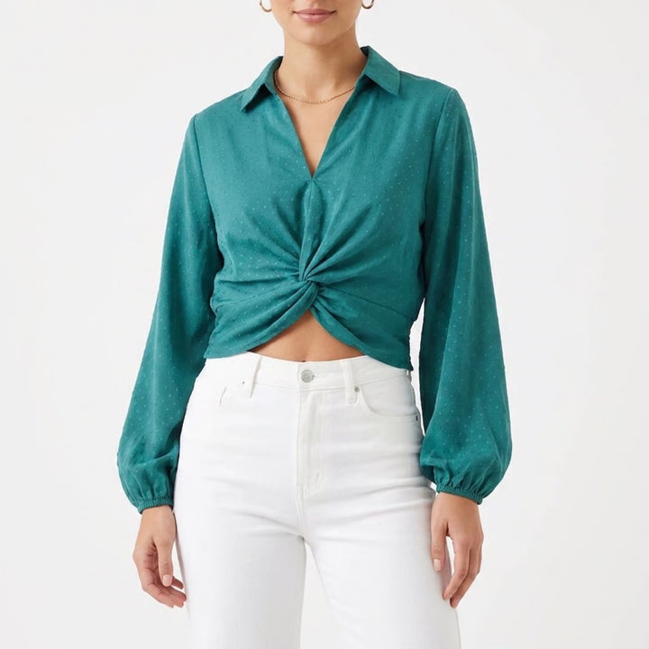 Pleione Teal Twist Front Polka Dot Smocked Blouse GMG512170 Mens Medium
