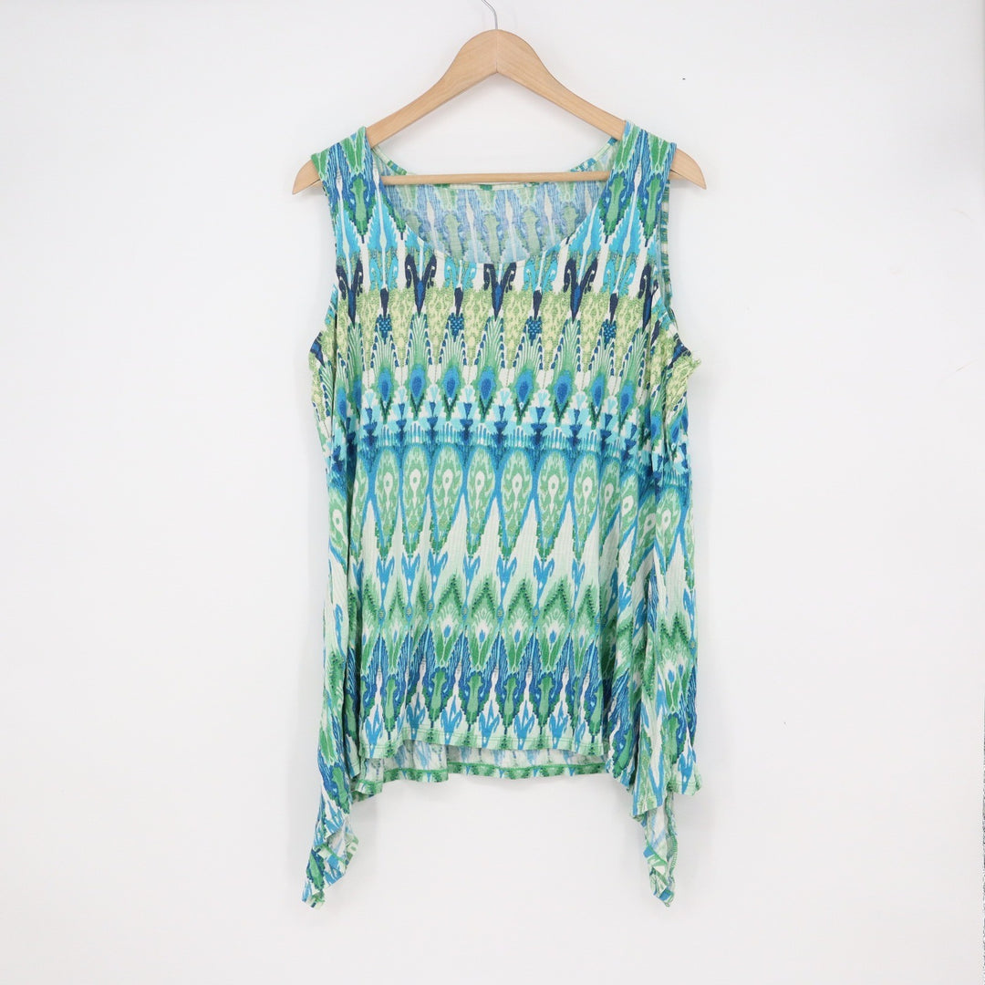 Blue Green Ikat Print Sharkbite Hem Sleeveless Tank Top XL Boho Relaxed Fit