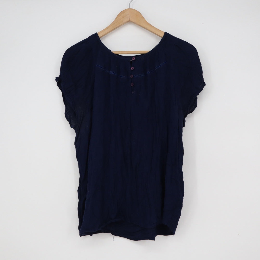 Basic Editions Navy Blue Rayon Crinkle Button Front Short Sleeve Blouse Large