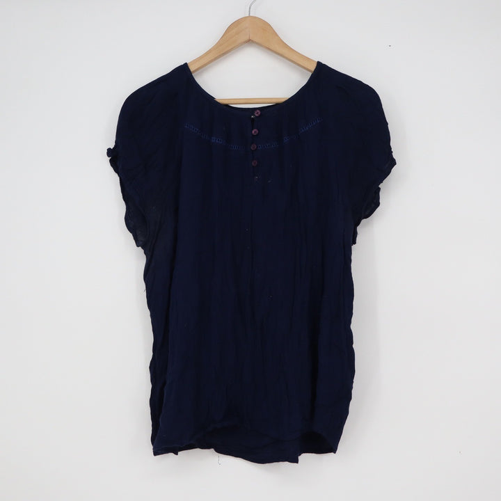 Basic Editions Navy Blue Rayon Crinkle Button Front Short Sleeve Blouse Large