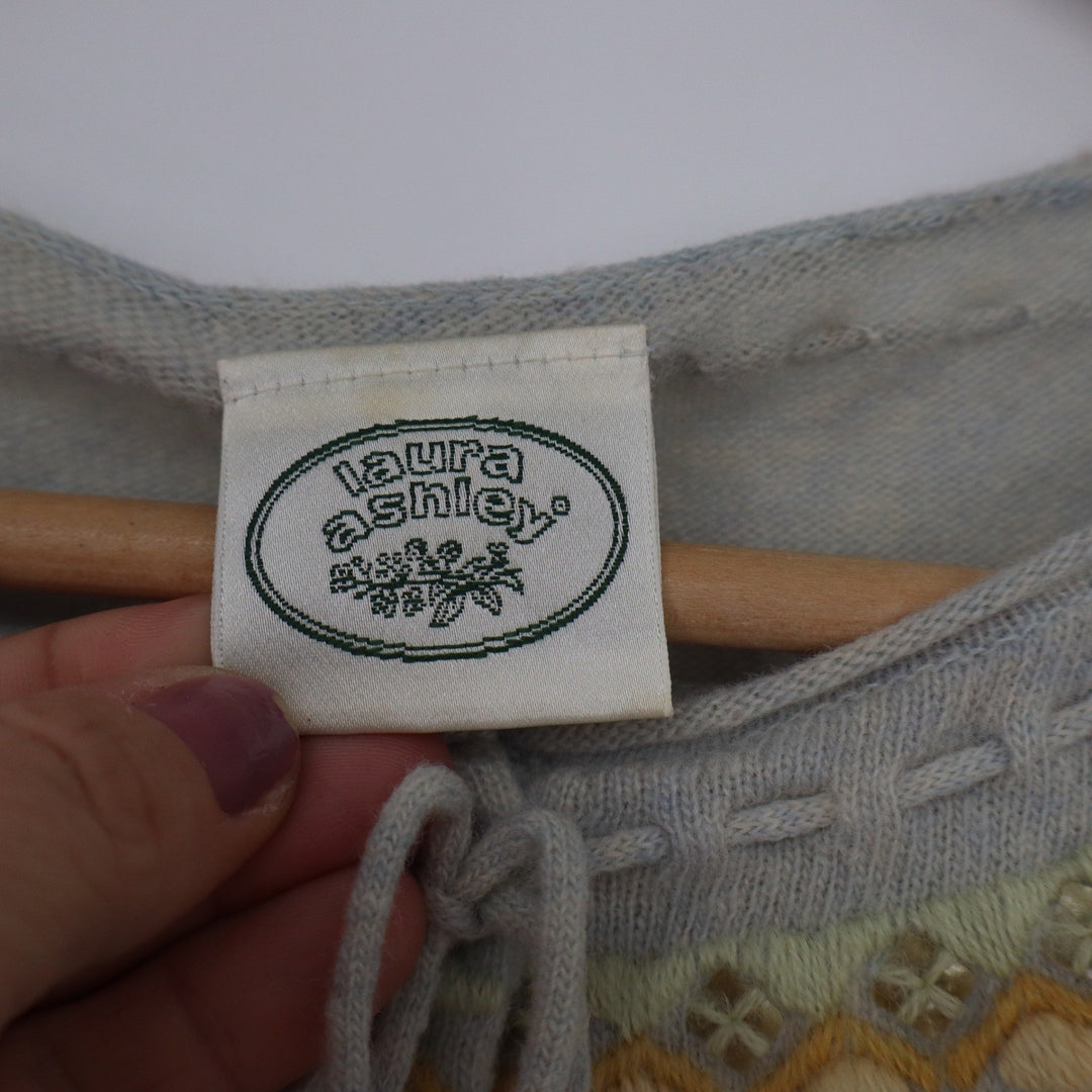 Laura Ashley Vintage Blue Lambswool Embroidered Cardigan Sweater Size M