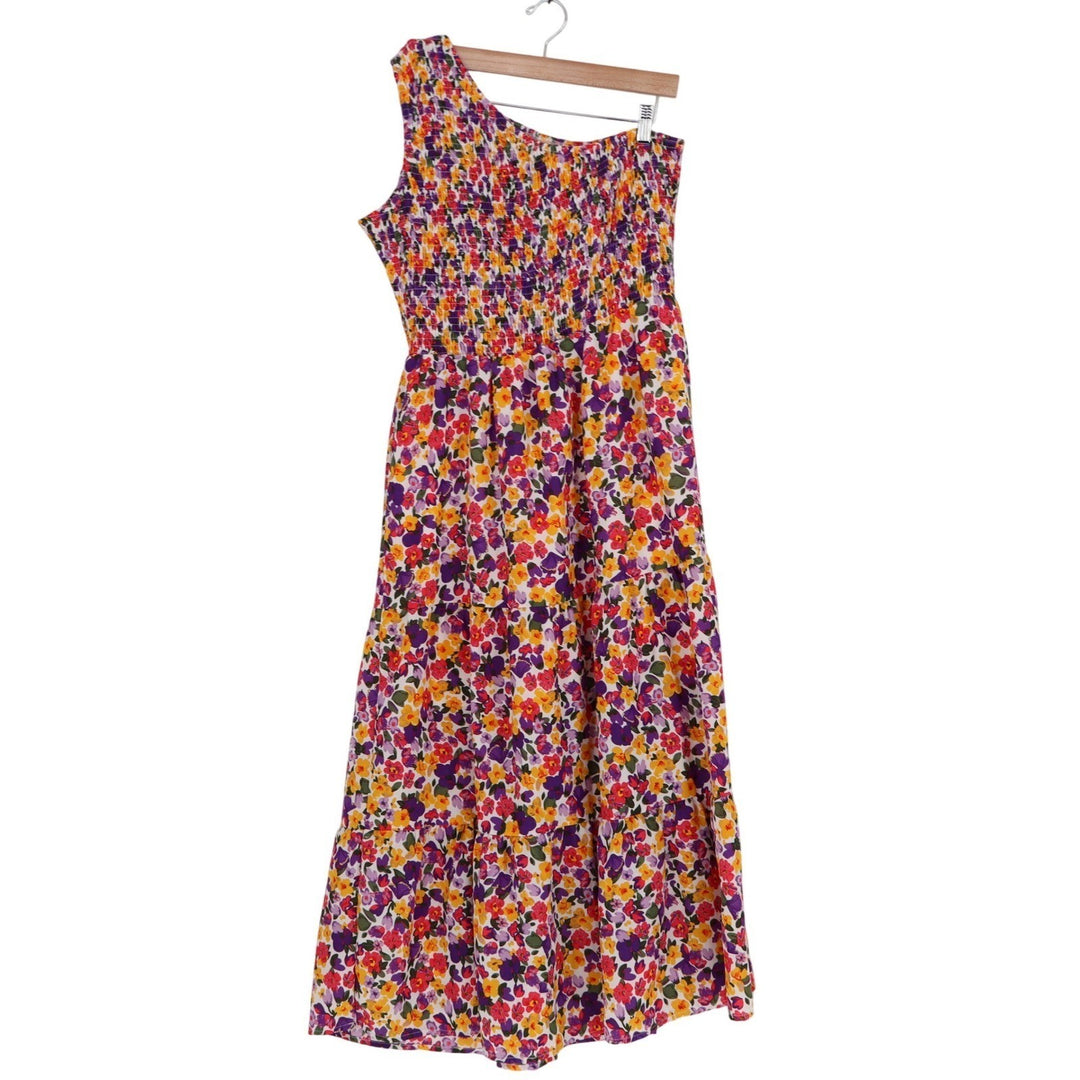 BTFBM Floral One Shoulder Smocked Tiered Maxi Dress Purple Orange Yellow Large