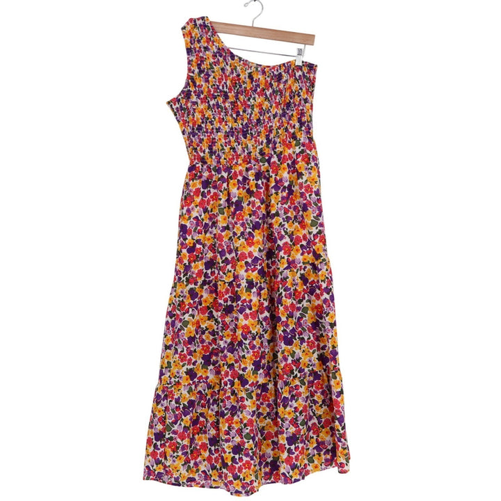BTFBM Floral One Shoulder Smocked Tiered Maxi Dress Purple Orange Yellow Large