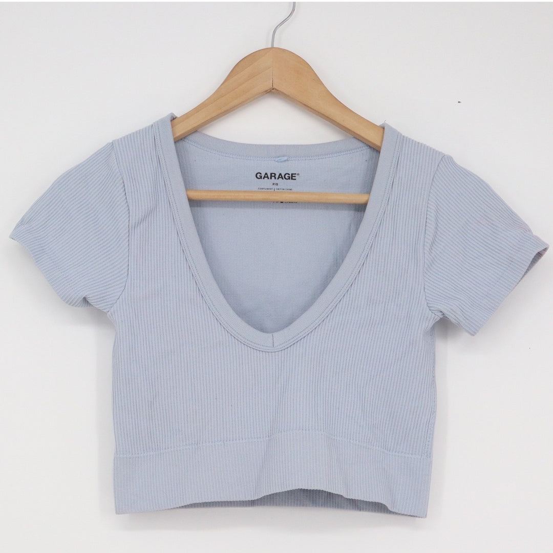 Garage Light Blue Ribbed Deep V-Neck Crop Top Short Sleeve Tee PS