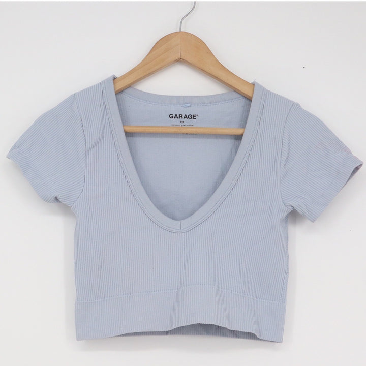 Garage Light Blue Ribbed Deep V-Neck Crop Top Short Sleeve Tee PS
