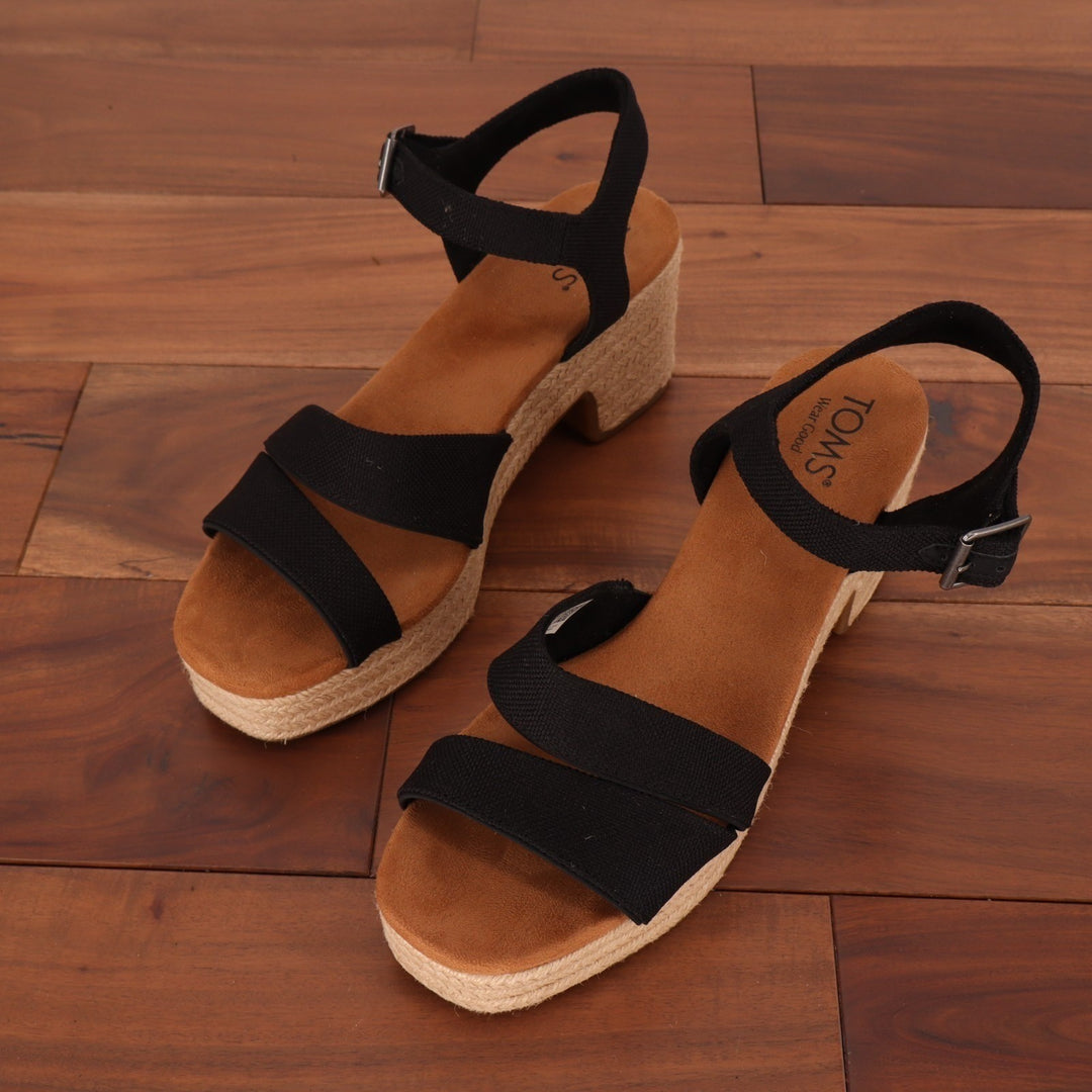 Toms Kiki Strappy Womens US 9 Black Ankle Strap Block Heel Espadrille Sandals