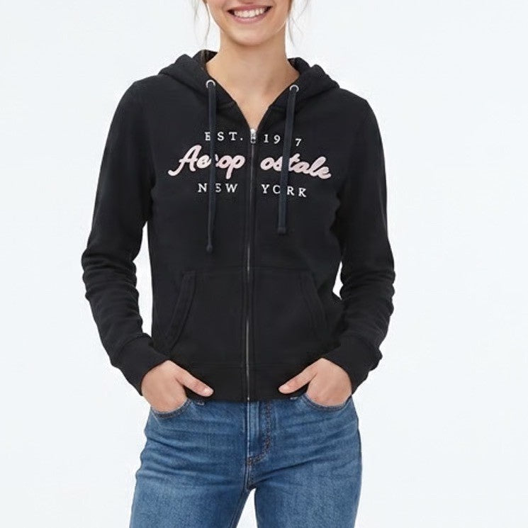 Aeropostale Womens XL Black Full Zip Graphic Hoodie Est 1987 New York Sweatshirt