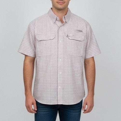Habit Mens Short Sleeve Plaid Fishing Shirt L G Solar-Factor White Orange Navy