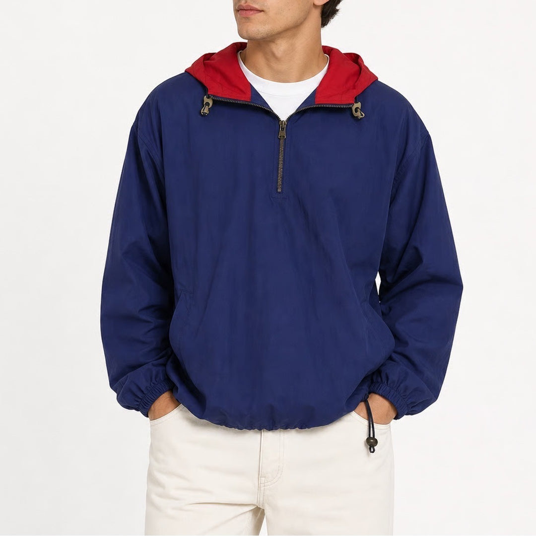 Eddie Bauer Vintage Mens XL Anorak Jacket Navy Blue Red Hooded Cotton
