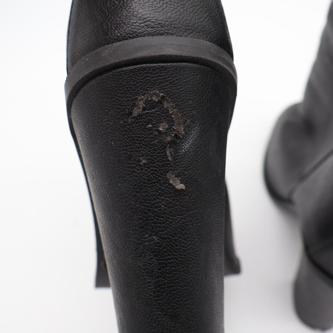 Black Faux Leather Mid-Calf Block Heel Boots Round Toe Size 9 Slouchy Pull On