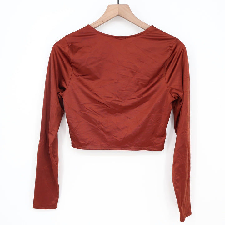 CALIA Women's Ruched Long Sleeve Rashguard Red Brown Shine UPF 50+ Medium