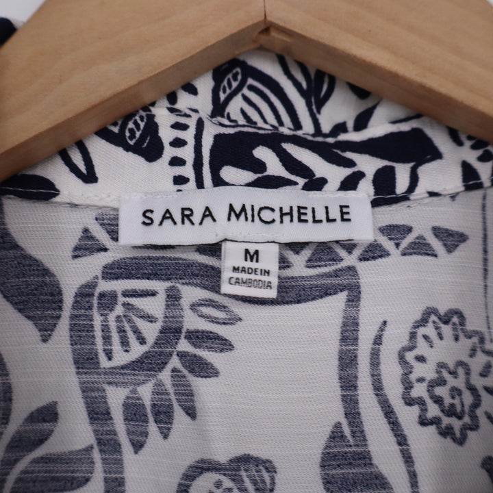 Sara Michelle Navy White Abstract Tropical Print Button Up Blouse Womens Medium
