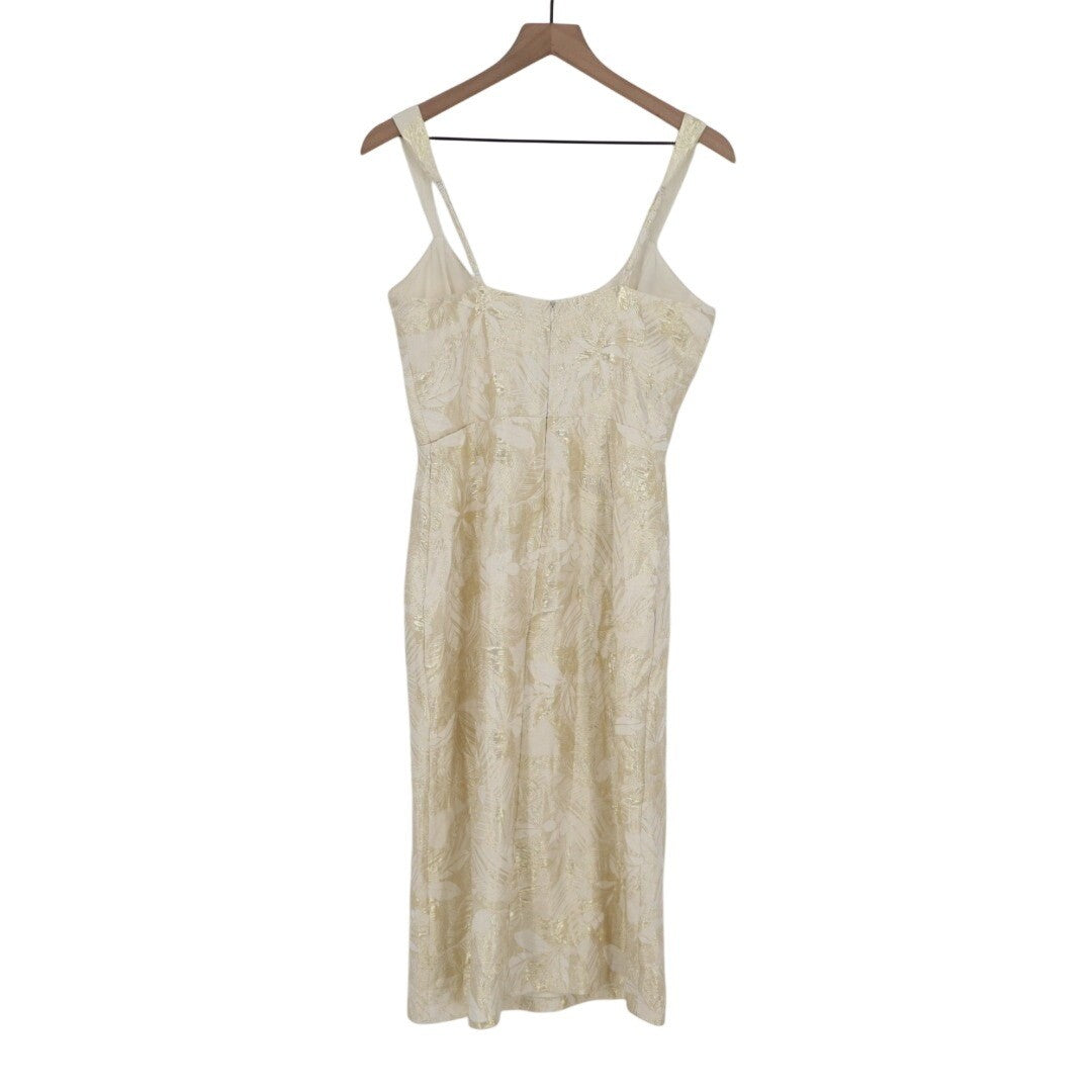 Lulus Immaculate Chicness Midi Dress Womens M Ivory Floral Brocade Front Slit