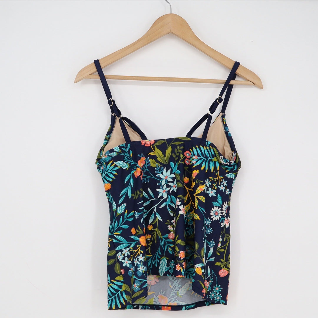 Kona Sol Navy Blue Floral Tropical Tankini Swim Top Small Strappy V-Neck