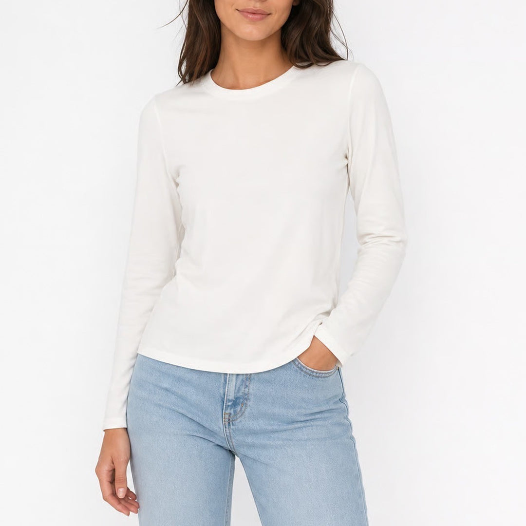 OQQ Womens Long Sleeve Crew Neck Top Cream Off White Stretch Athletic Size M