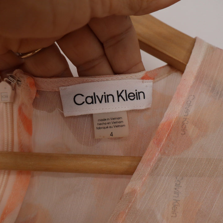Calvin Klein Womens Peach Floral Tiered Maxi Dress Chiffon Long Sleeve Size 4