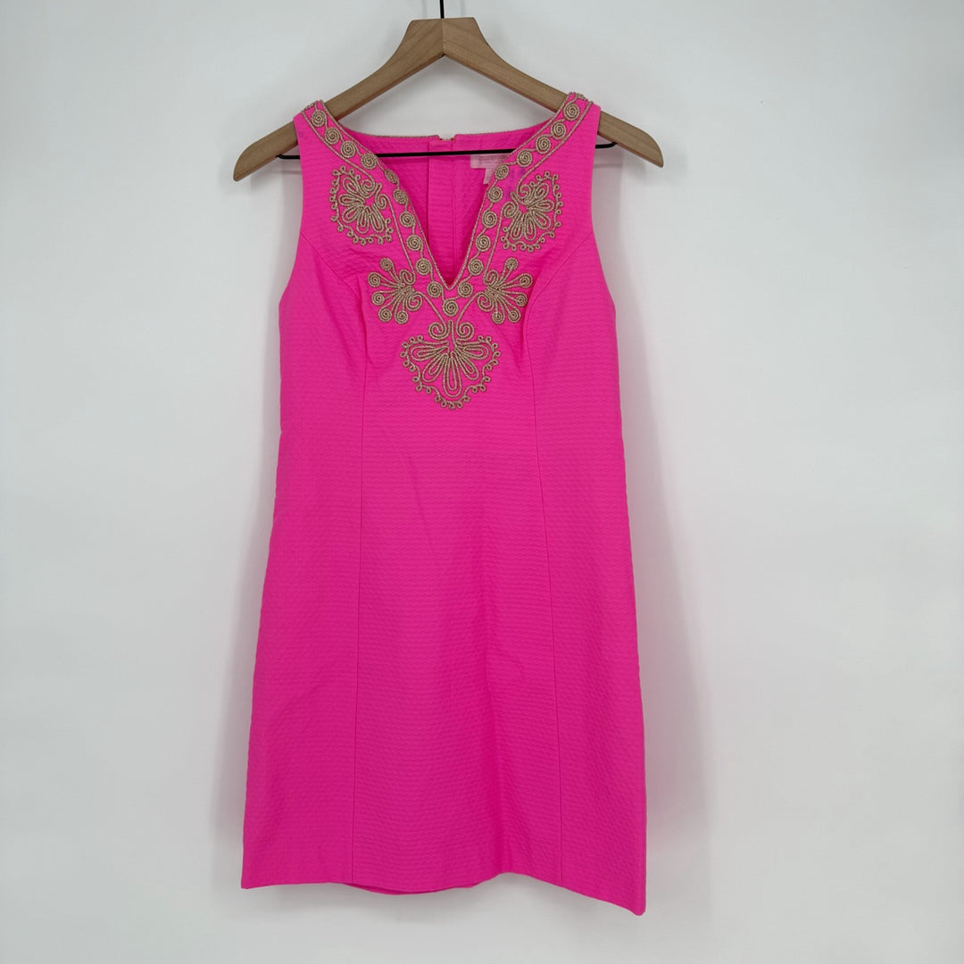 Lilly Pulitzer Gabby Shift Dress Womens 2 Pink Cotton Floral Split Neck Back Zip