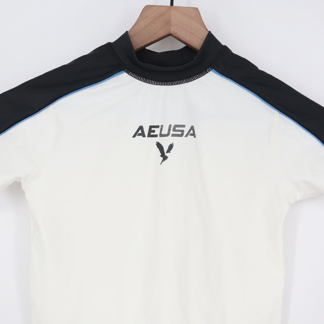American Eagle Kids Rash Guard Size 8 White Black AEUSA Swim Shirt Short Sleeve