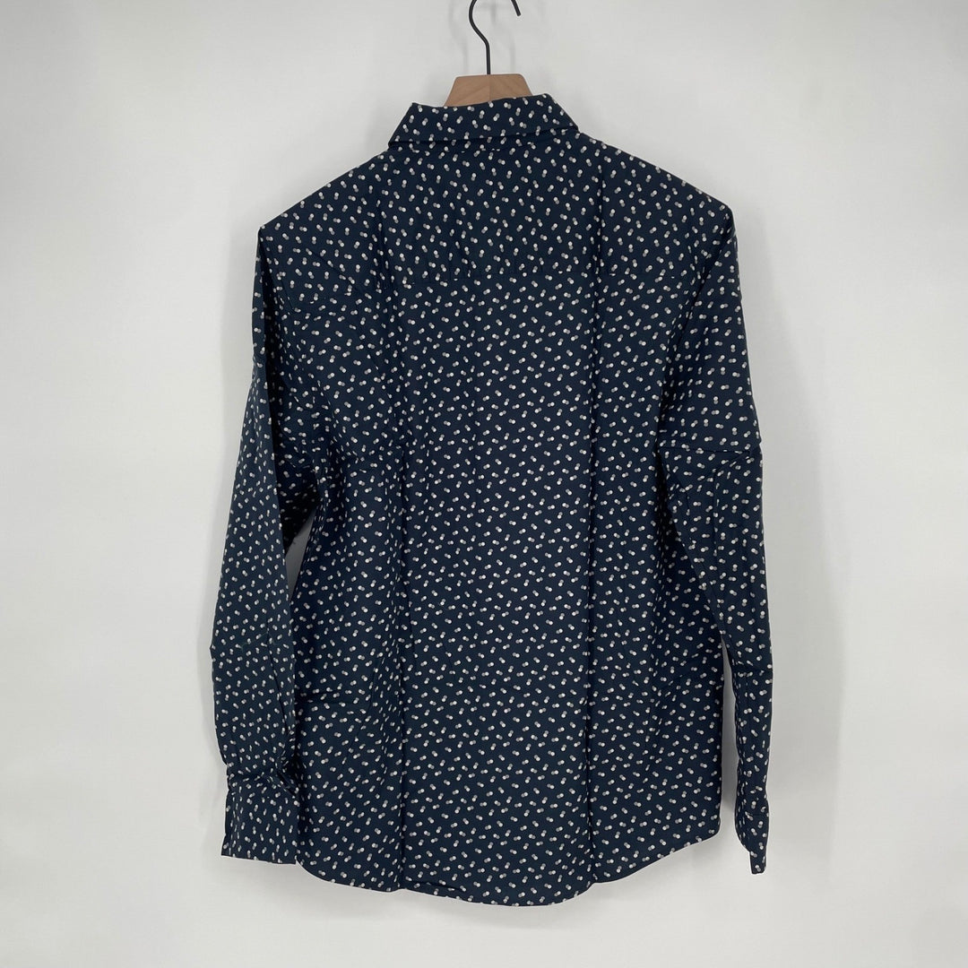 JULIAN & MARK Mens L G Button Down Shirt Navy Blue White Dot Print Long Sleeve