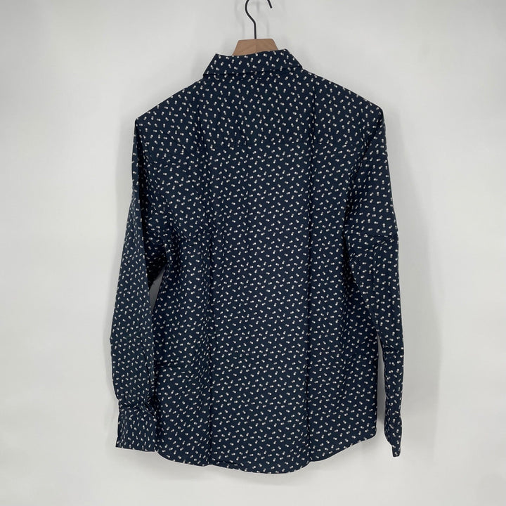 JULIAN & MARK Mens L G Button Down Shirt Navy Blue White Dot Print Long Sleeve
