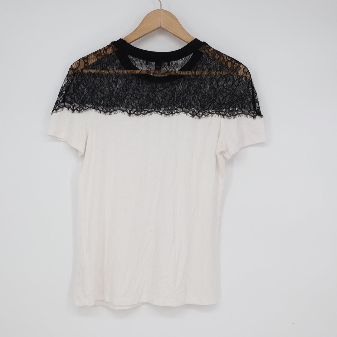 Laundry by Shelli Segal XS Cream Black Lace Yoke Short Sleeve Top L1KS2004