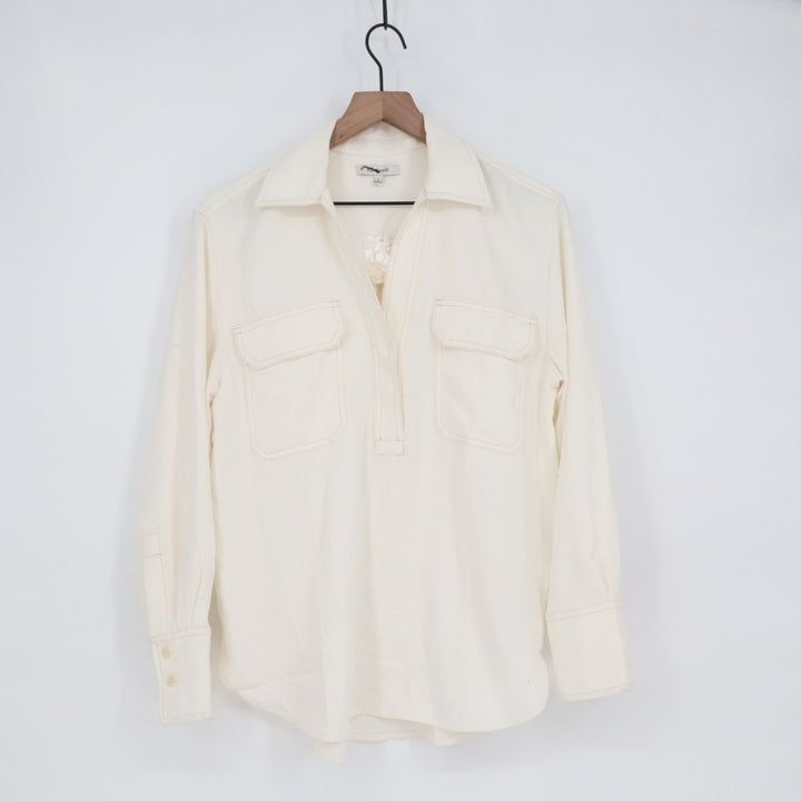 Madewell Contrast-Stitch Popover Shirt Women Small White Spread Collar Button Up