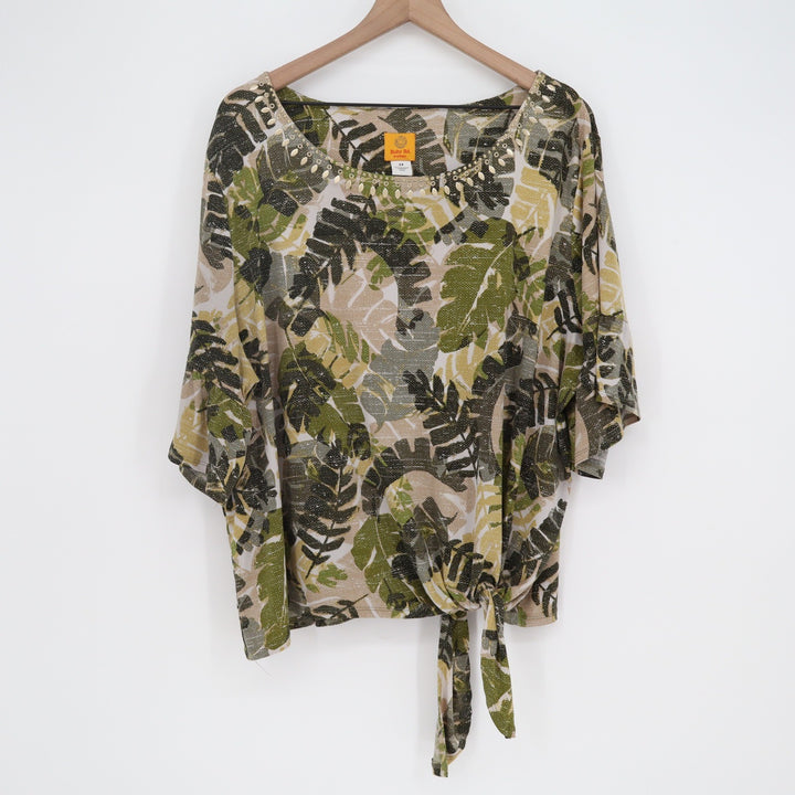 Ruby Rd. Top Women 2X Tropical Tie-Front Green Palm Leaf Embellished Excellent