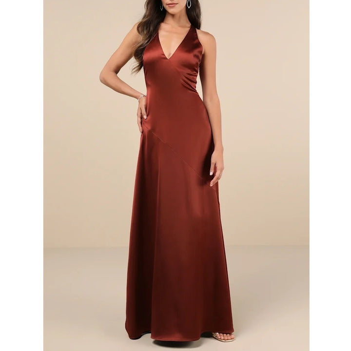 Lulus Purely Elegant Maxi Dress Womens Medium Rust Brown Satin Twist-Back Lined