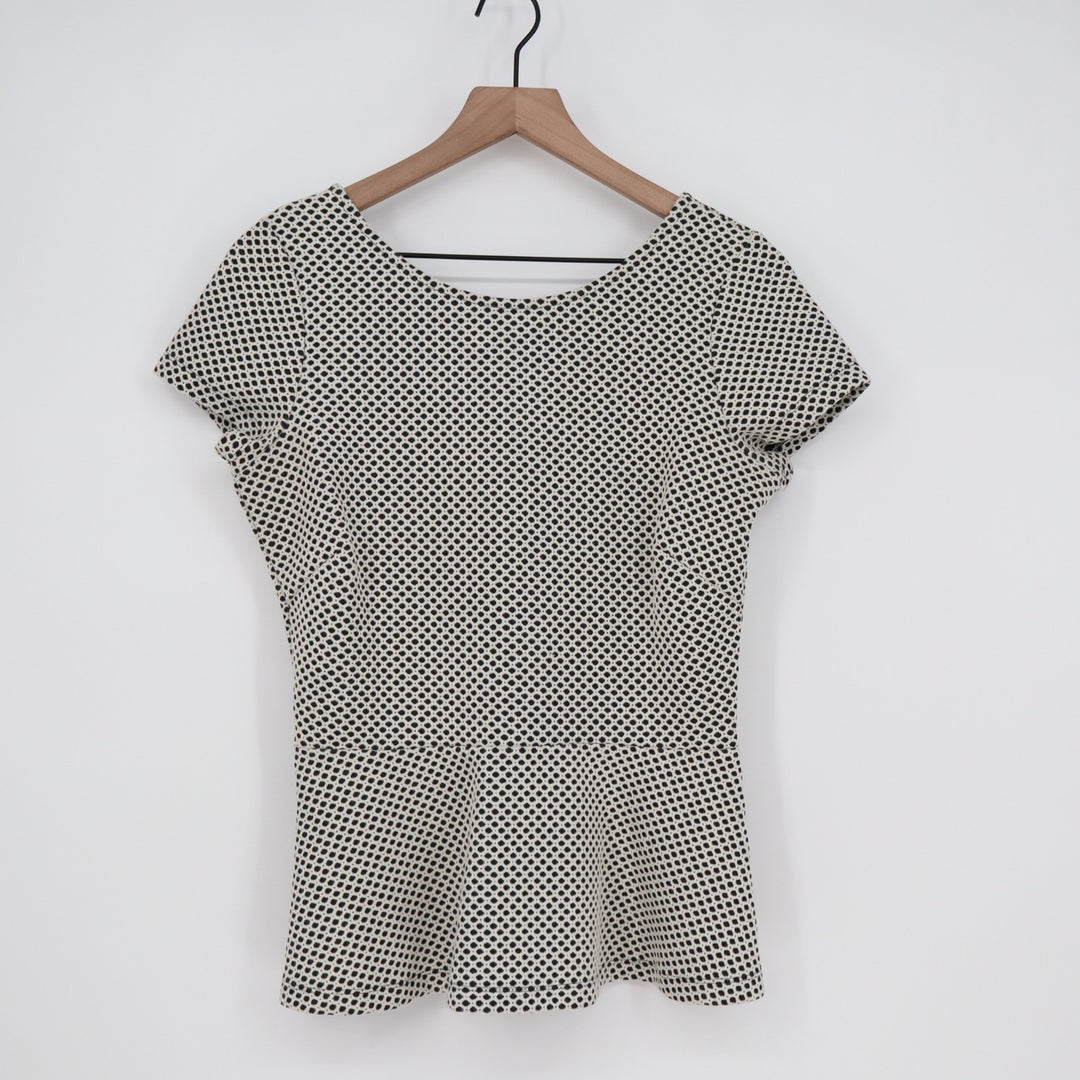 Banana Republic Peplum Top Womens 6 White Black Polka Dot Back Zip Short Sleeve
