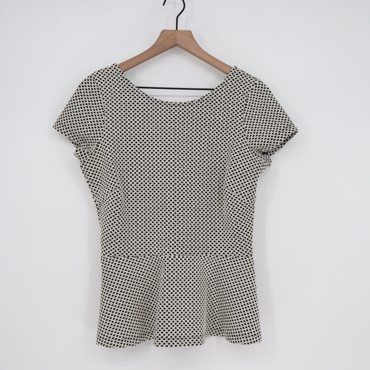 Banana Republic Peplum Top Womens 6 White Black Polka Dot Back Zip Short Sleeve