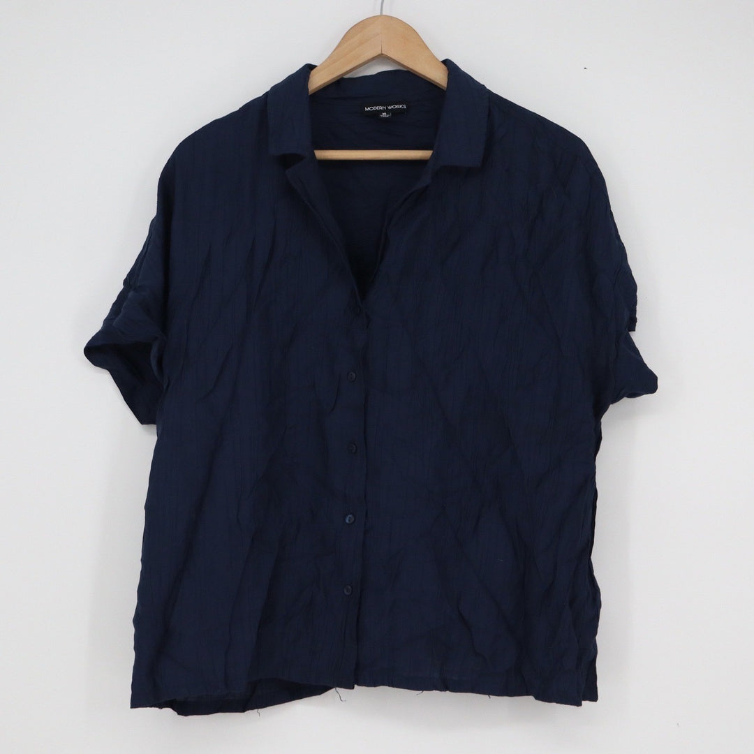 Modern Works Navy Blue Crinkle Textured Short Sleeve Button Up Shirt XL