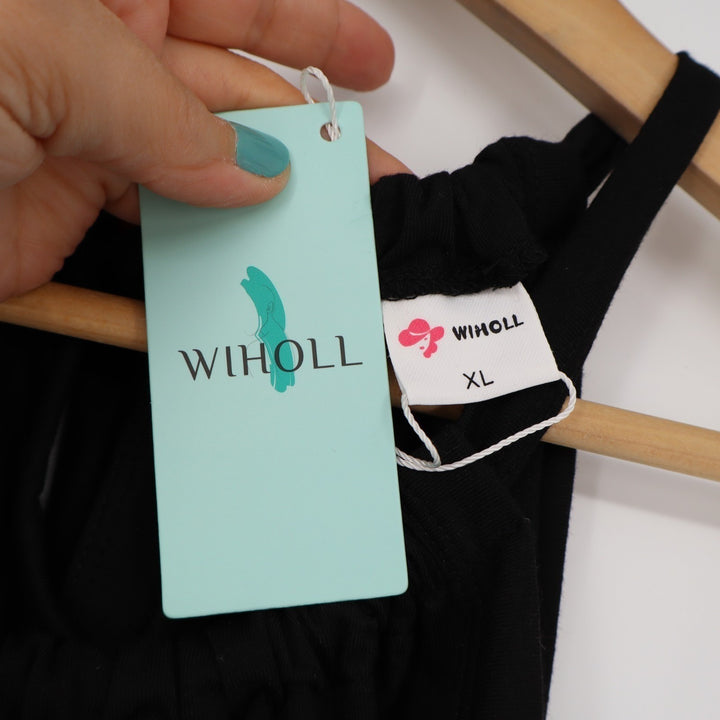 Wiholl Mini Dress Womens XL Black Stretch Pleated Drawstring Neck Sleeveless
