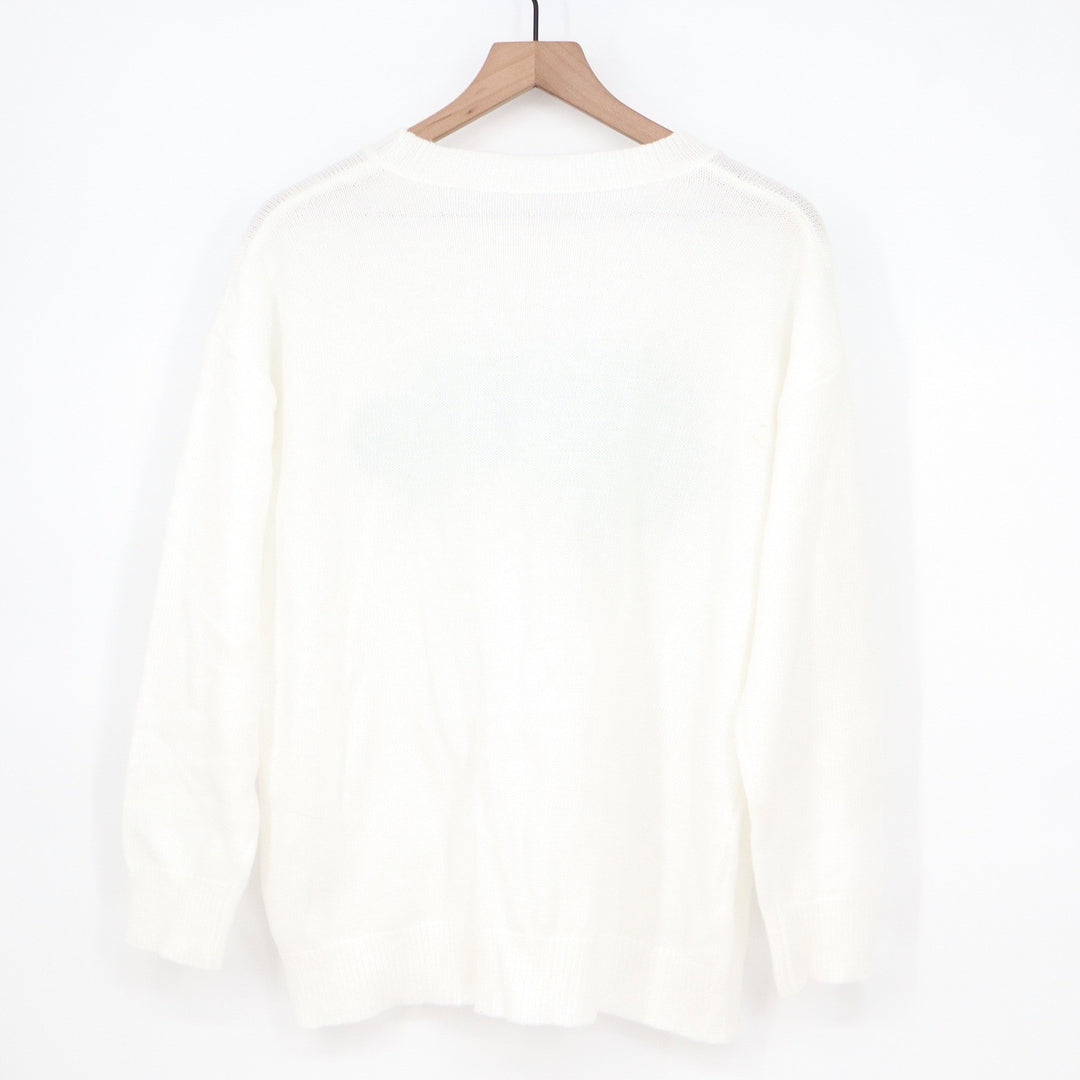 White Lucky Chenille Patch Graphic Knit Sweater Green Script Crewneck Large