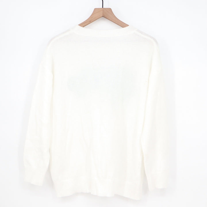 White Lucky Chenille Patch Graphic Knit Sweater Green Script Crewneck Large