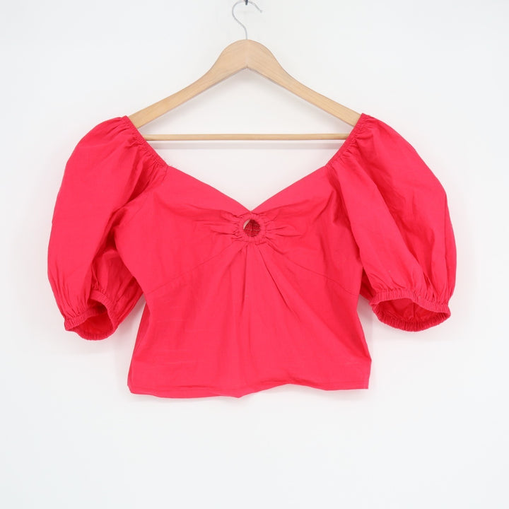 Sim & Sam Crop Top Womens XL Red Cotton Square Neck Smocked Back Balloon Sleeve