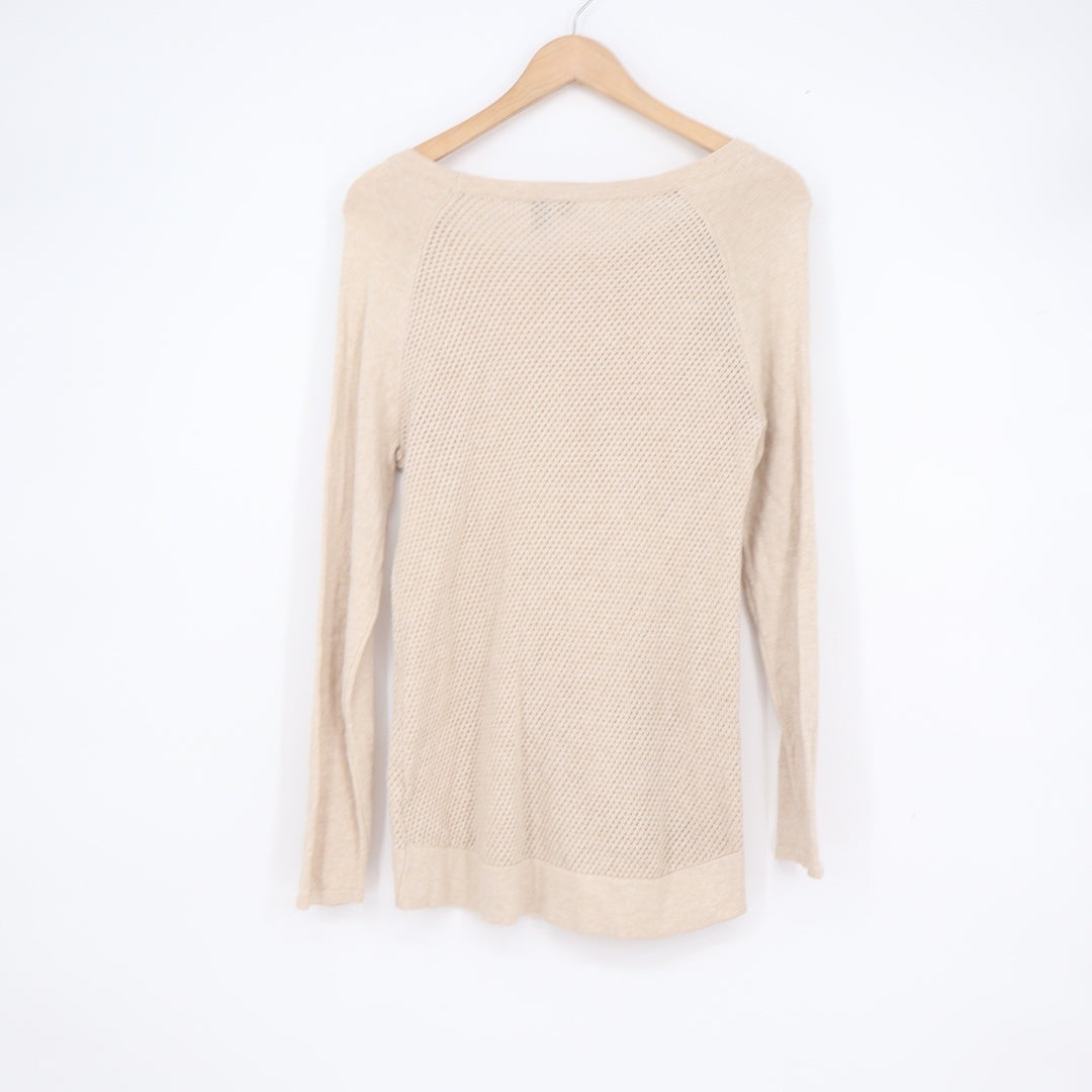 Cynthia Rowley Cotton Cashmere Pointelle Mesh Trim Sweater Beige Small