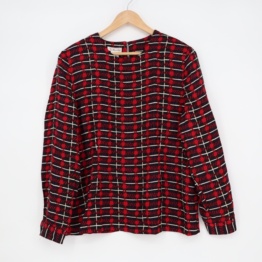 Talbots Womens Size 14 Silk Blouse Top Red Black Plaid Pattern Long Sleeve