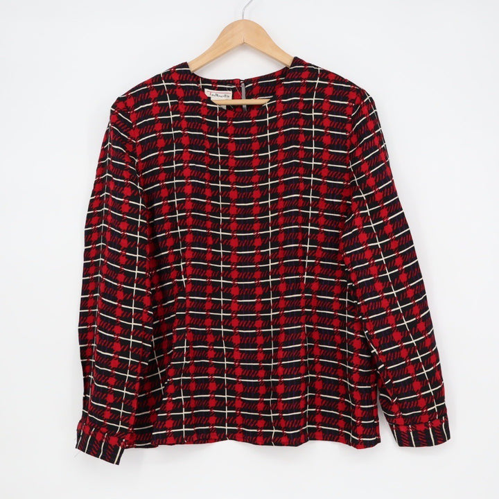 Talbots Womens Size 14 Silk Blouse Top Red Black Plaid Pattern Long Sleeve