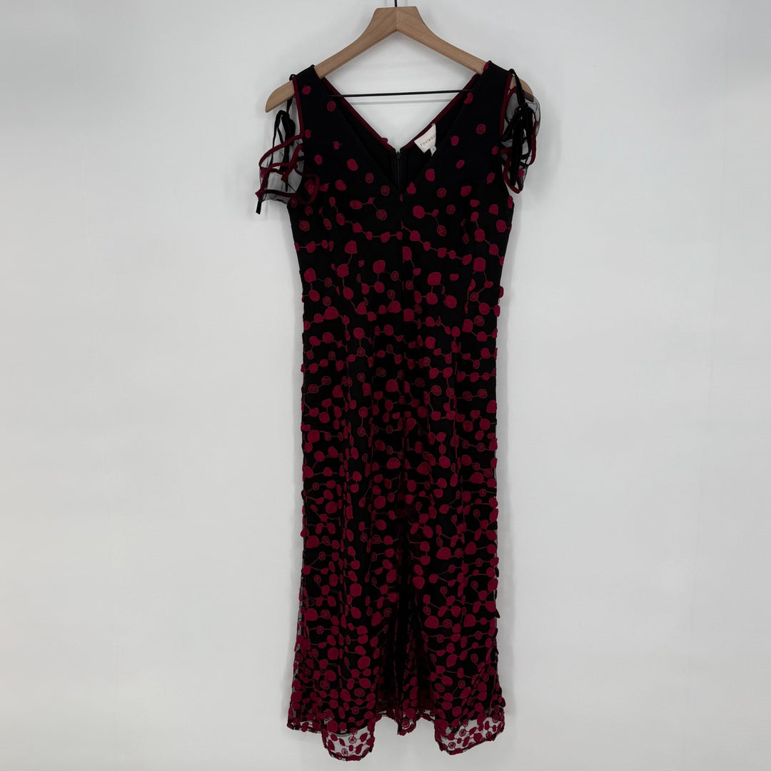 Foxiedox Fit & Flare Dress Women Small Red Black Embroidered Lined Cold Shoulder