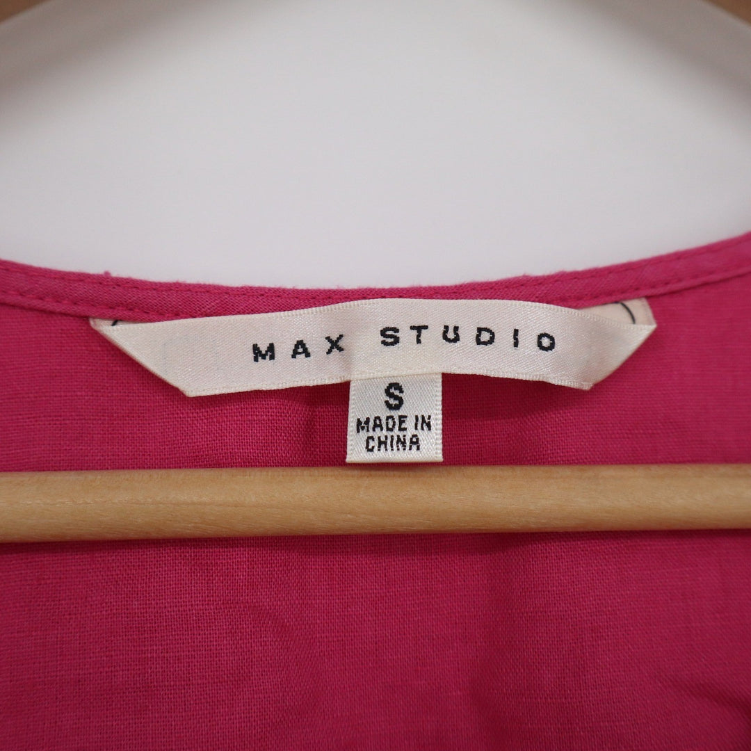 Max Studio Fuchsia Pink Linen Cotton Roll Tab Sleeve Tunic Blouse Small