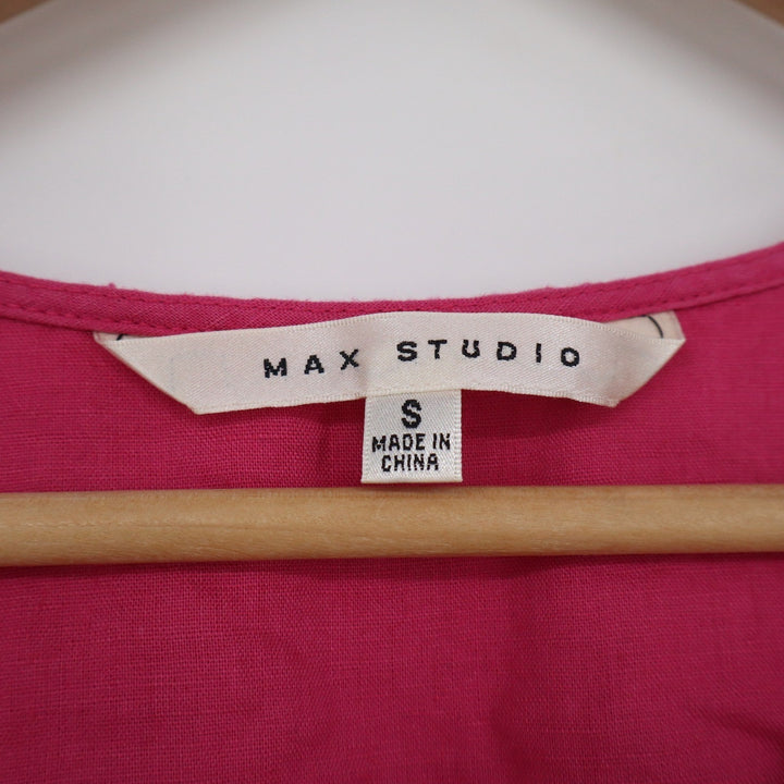 Max Studio Fuchsia Pink Linen Cotton Roll Tab Sleeve Tunic Blouse Small