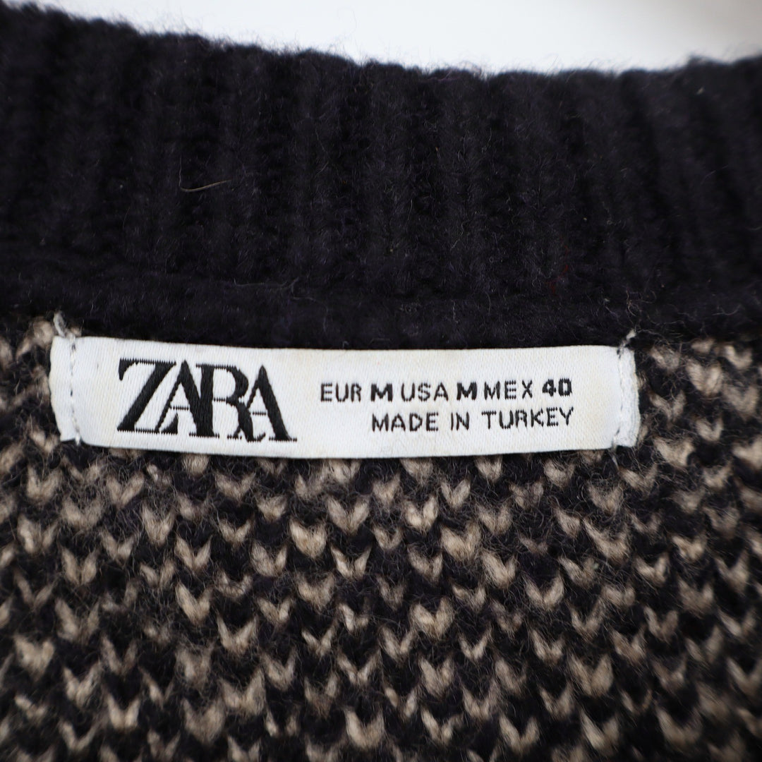 Zara Mens Abstract Wavy Line Knit Sweater Black Tan Crew Neck Medium