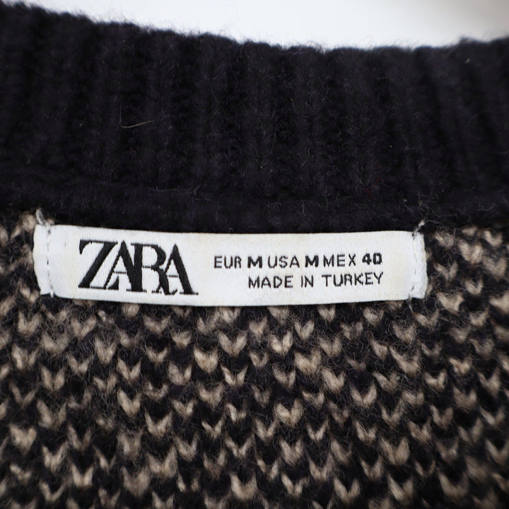 Zara Mens Abstract Wavy Line Knit Sweater Black Tan Crew Neck Medium