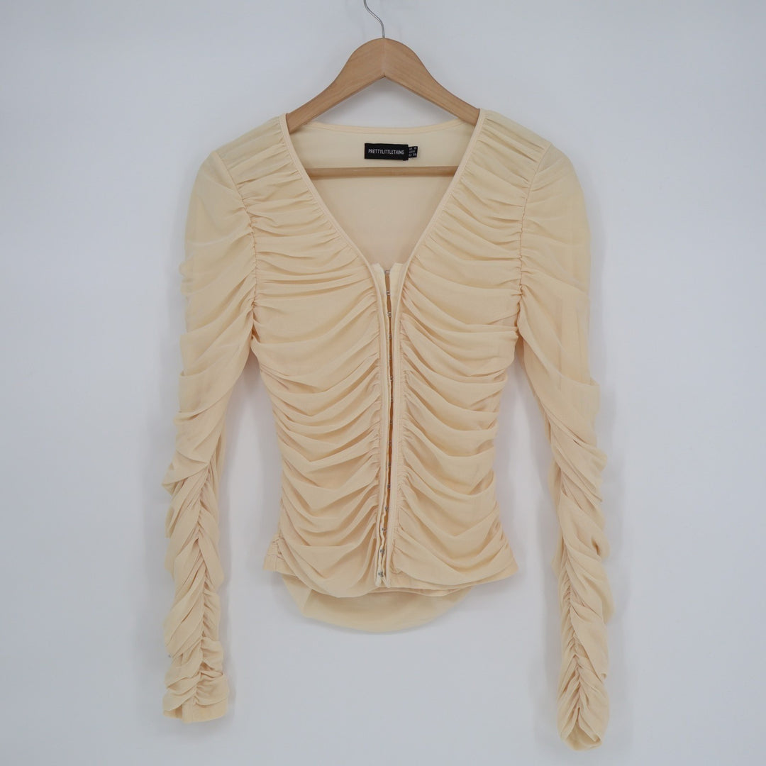 PrettyLittleThing Blouse Womens 6 Cream Stretch Ruched Detail Hook & Eye Front