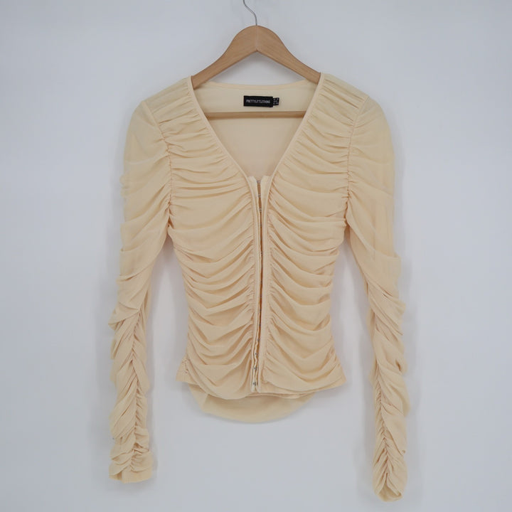 PrettyLittleThing Blouse Womens 6 Cream Stretch Ruched Detail Hook & Eye Front