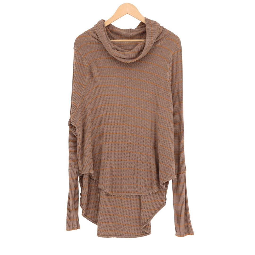 Free People We The Free Wildcat Thermal Top Womens Brown Waffle Knit Cowl Neck