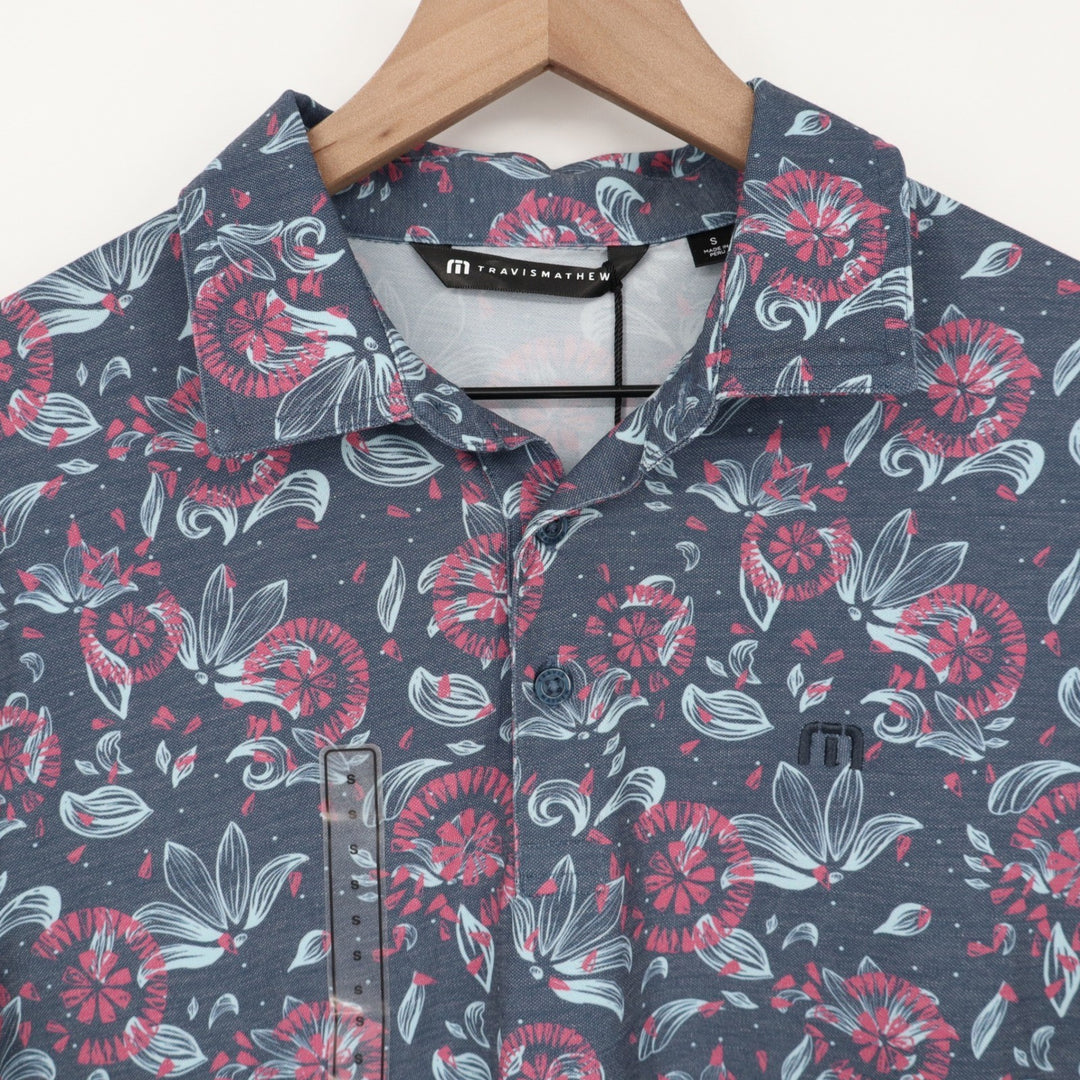 TravisMathew Mens Featherweight Flourish Floral Golf Polo Shirt Blue Pink S